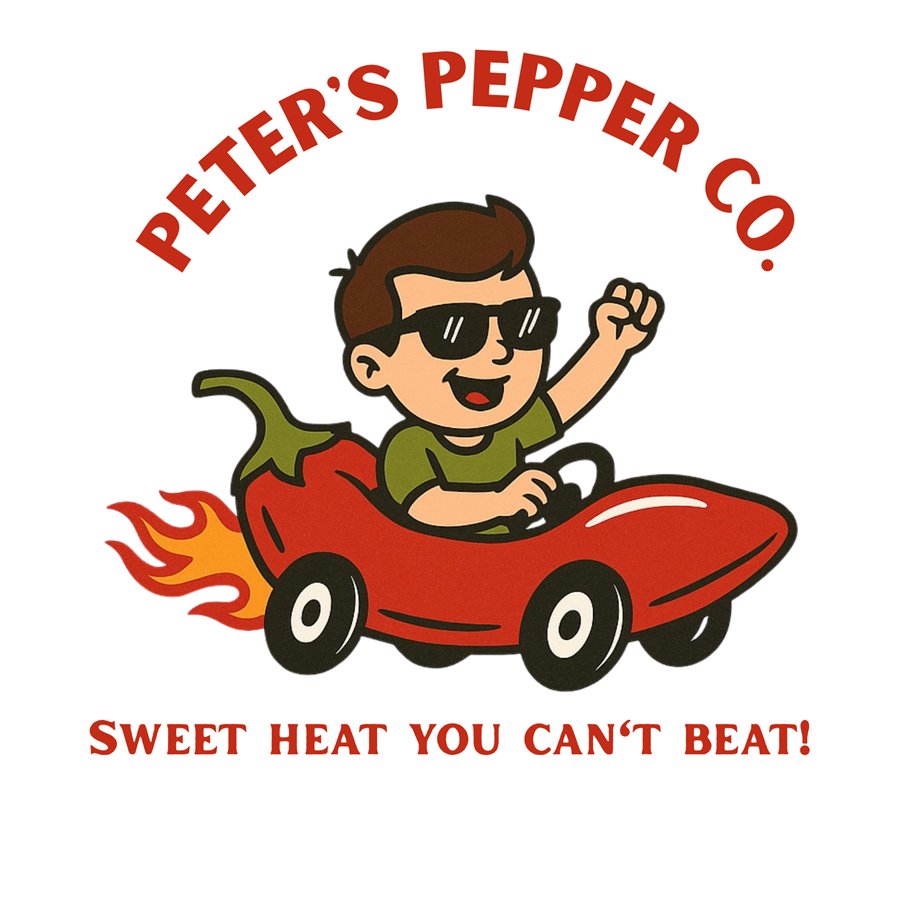 Peter's Pepper Co. logo: a boy in sunglasses driving a red pepper race car with flames. Sweet heat you can't beat!